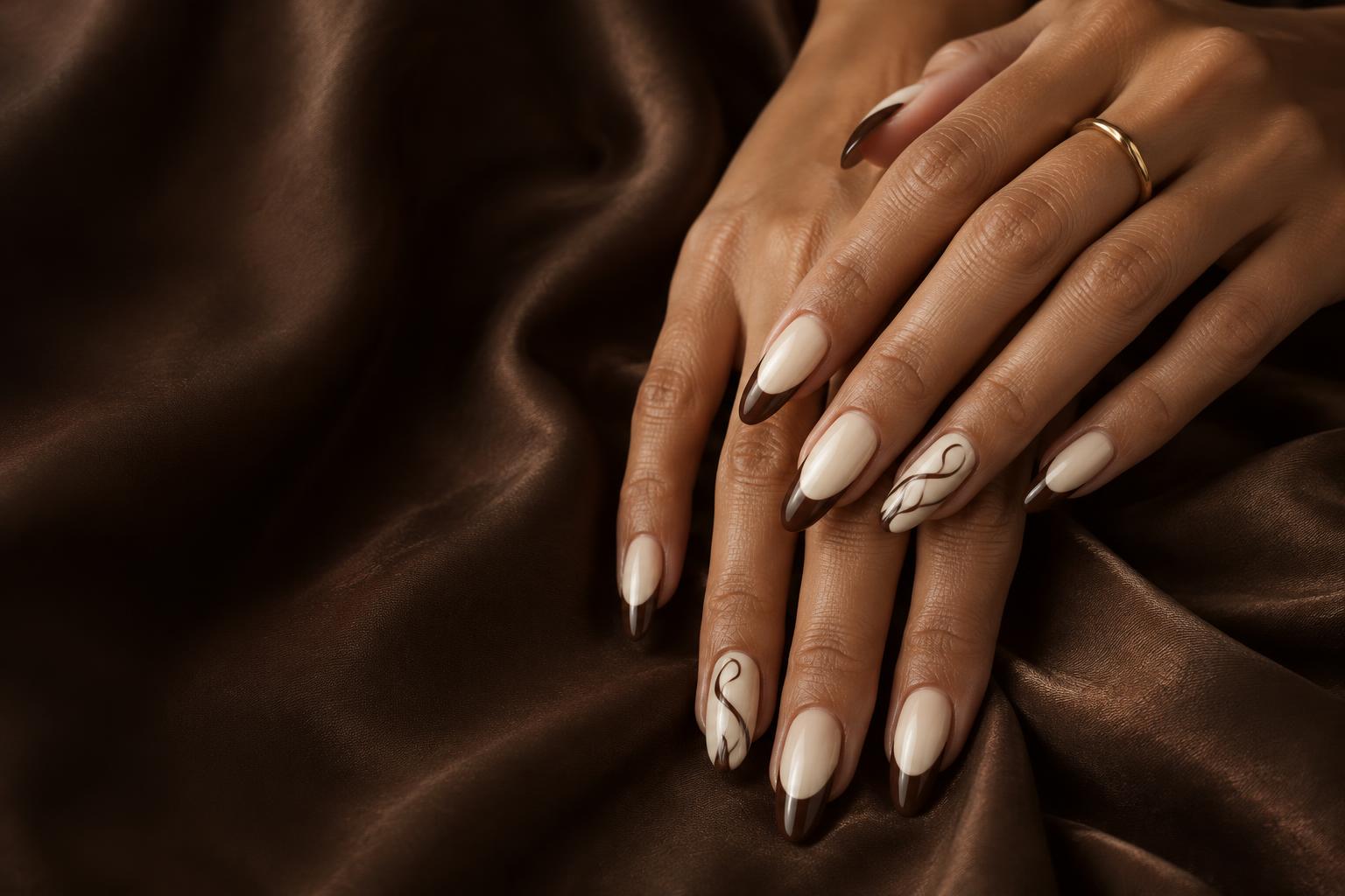 Editorial study of chocolate French tips and handpainted nail art